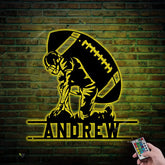 Custom Football Player Metal Wall Art With Led Light, Personalized Football Player Name Sign Decoration For Room, Football Metal Led Decor